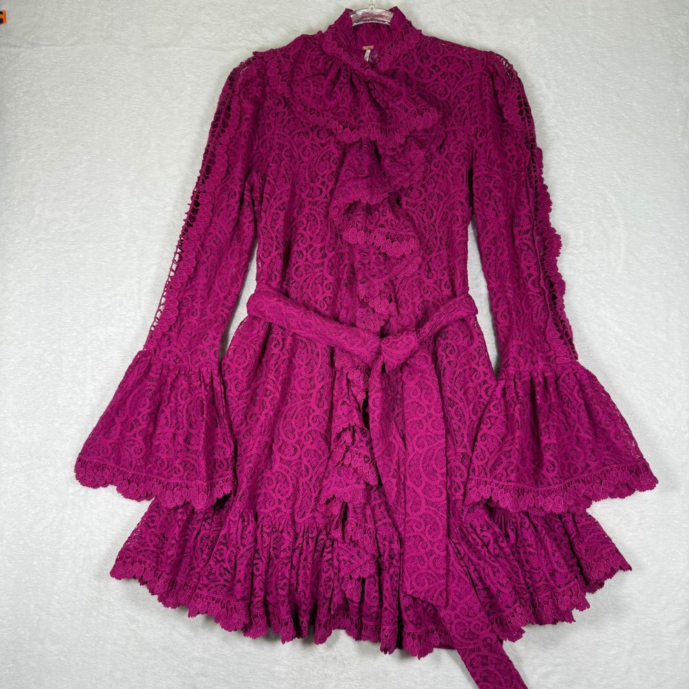 Free People Magenta Pink Lace Ruffle Bell Sleeve Mini Dress OB736065 Small